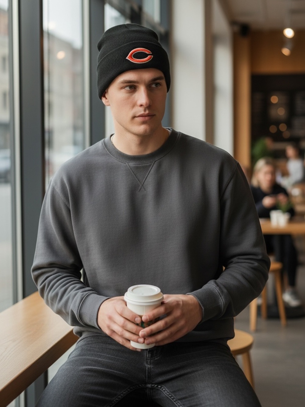 Black Knit Beanie with Orange Chicago Bears Logo - Men's Winter Hat